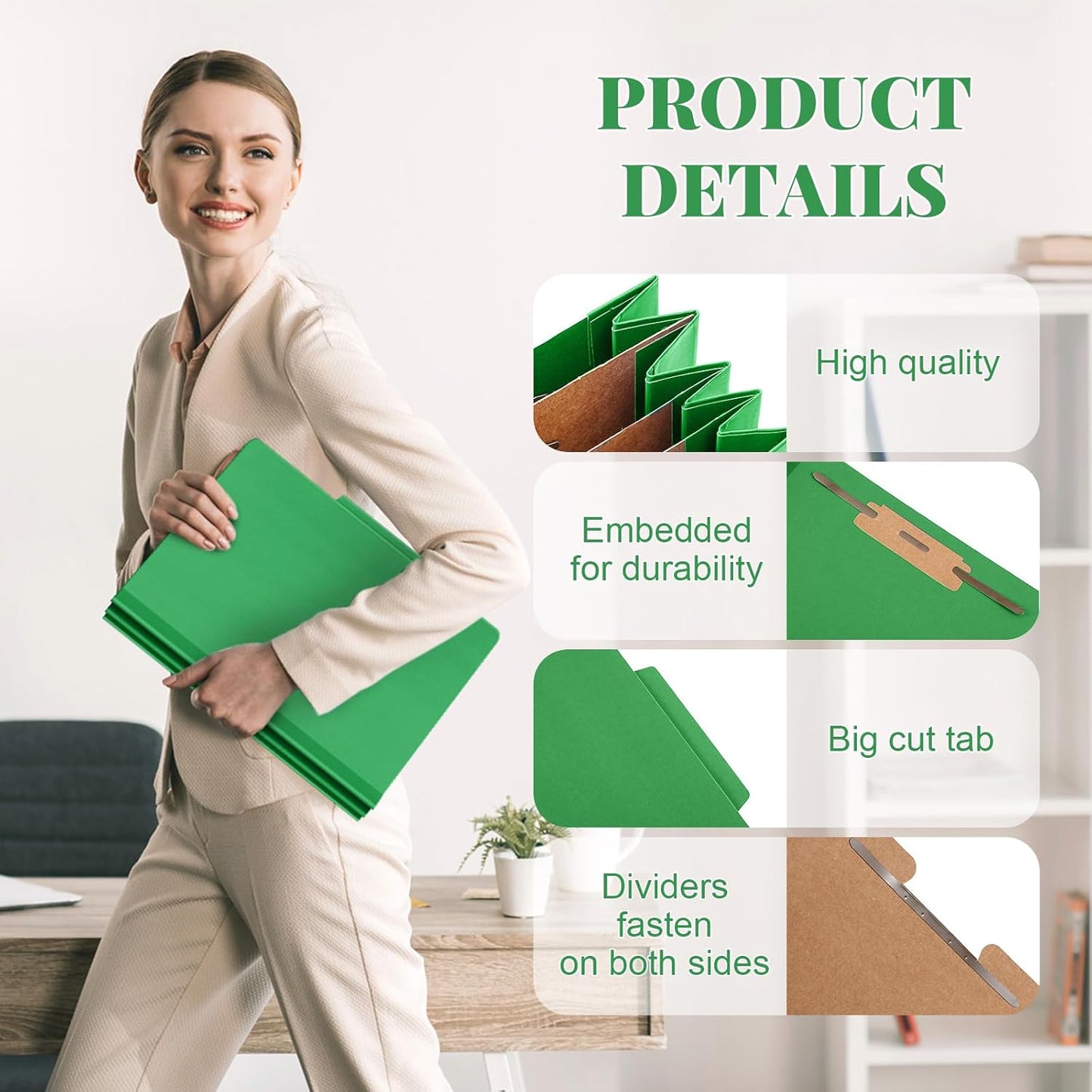 48 Pcs Classification Folders Letter Size, 3 Divider Pressboard File Folder with Fasteners, Expanding File Organizer Bulk for Teachers, Clergy, Office, Church, Christmas Donations (Green)