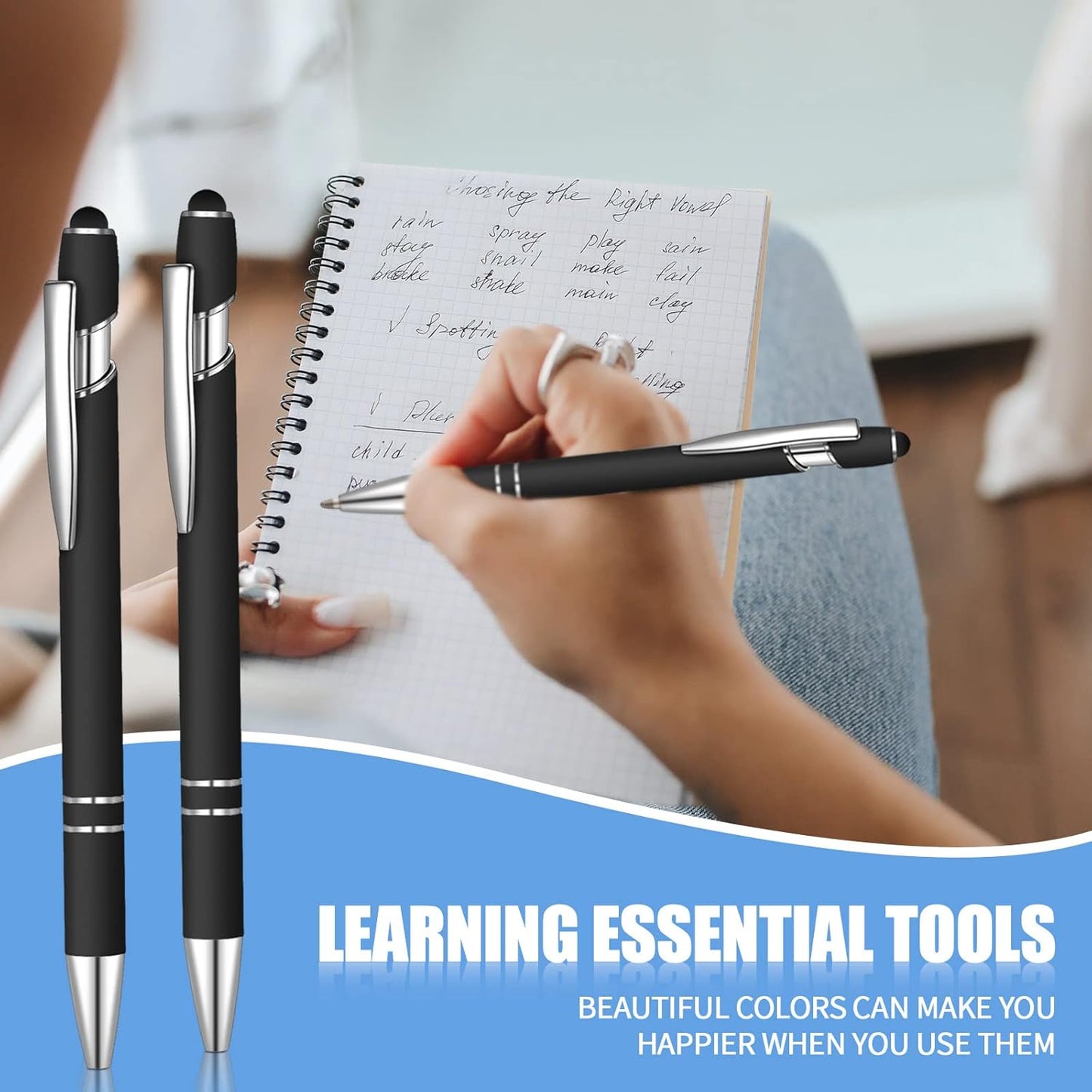 8 Pcs Blue Ink Ballpoint Pen with Stylus Tip 2 in 1 Stylus Ballpoint Pen Metal Pens Stylus Pen for Touch Screens School Office Coworkers (Black)