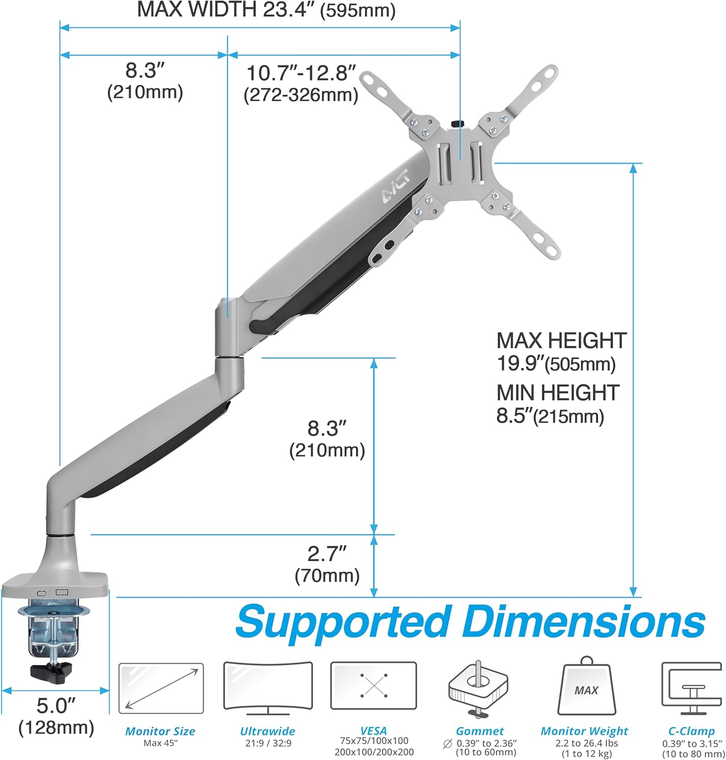 AVLT Single 17"-45" Monitor Arm Desk Mount Premium Mechanical Spring fits One Flat/Curved/Ultrawide Monitor Full Motion Height Swivel Tilt Rotation Adjustable, Gray