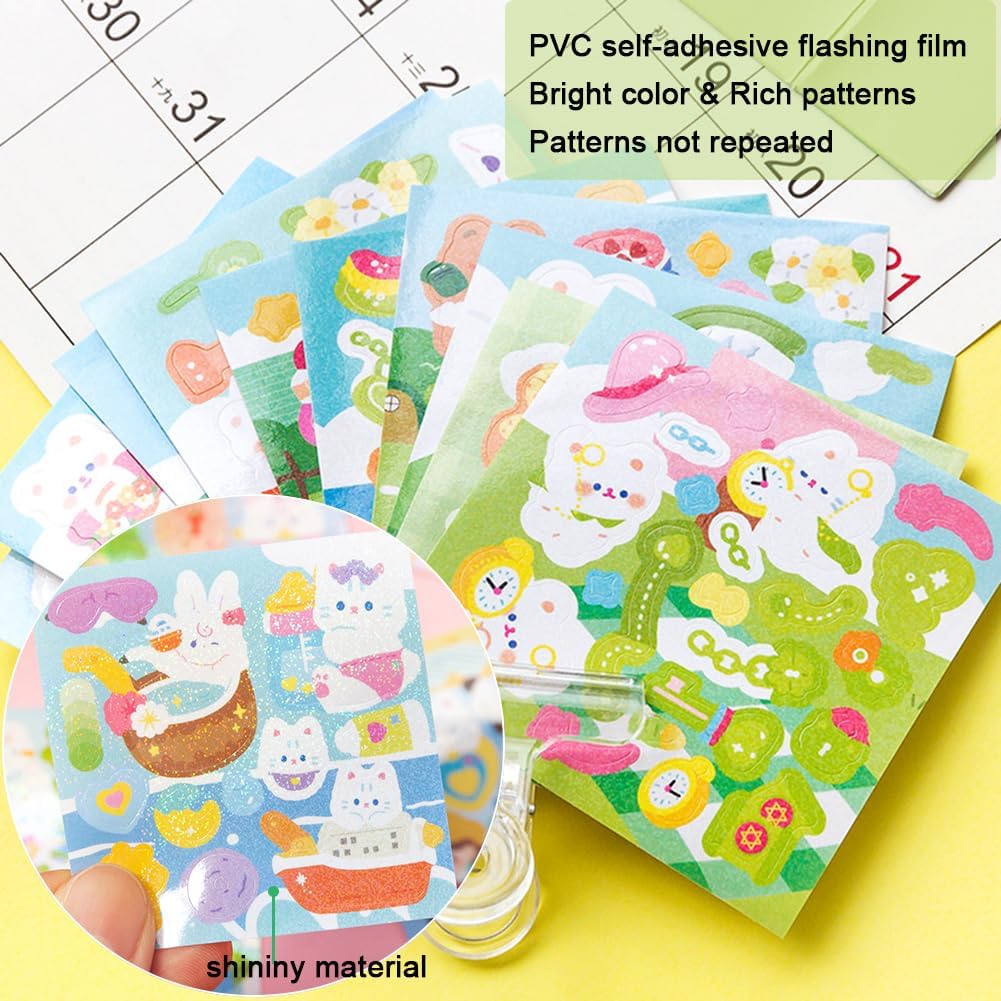 Kawaii PVC Animals Scrapbook Stickers,EAMOTOL 800 PCS/100 Sheets Cute Ducks Bear Bunny Dog Clipping Sticker for Journaling Laptop Planners Scrapbooking Diary Album Notebook Handbook Calendar DIY Craft