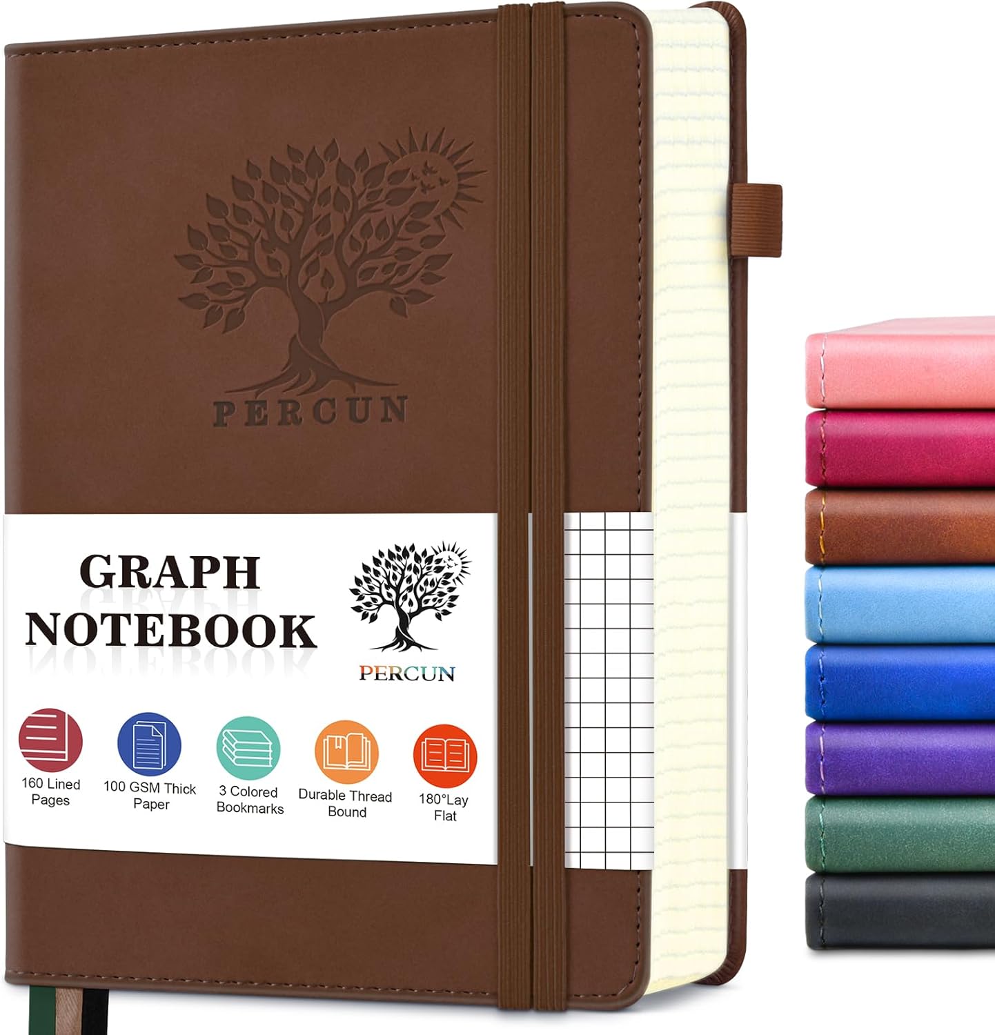 PERCUN Graph Paper Notebook, 160 Pages Grid Journal for women & men, A5 Hardcover Leather Graphing Notebook for School, Work, Travel, Note Taking 5.9”x8.5” (Brown)
