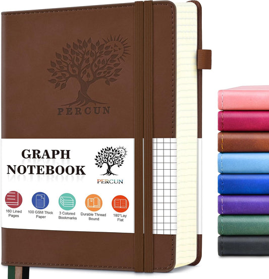 PERCUN Graph Paper Notebook, 160 Pages Grid Journal for women & men, A5 Hardcover Leather Graphing Notebook for School, Work, Travel, Note Taking 5.9”x8.5” (Brown)