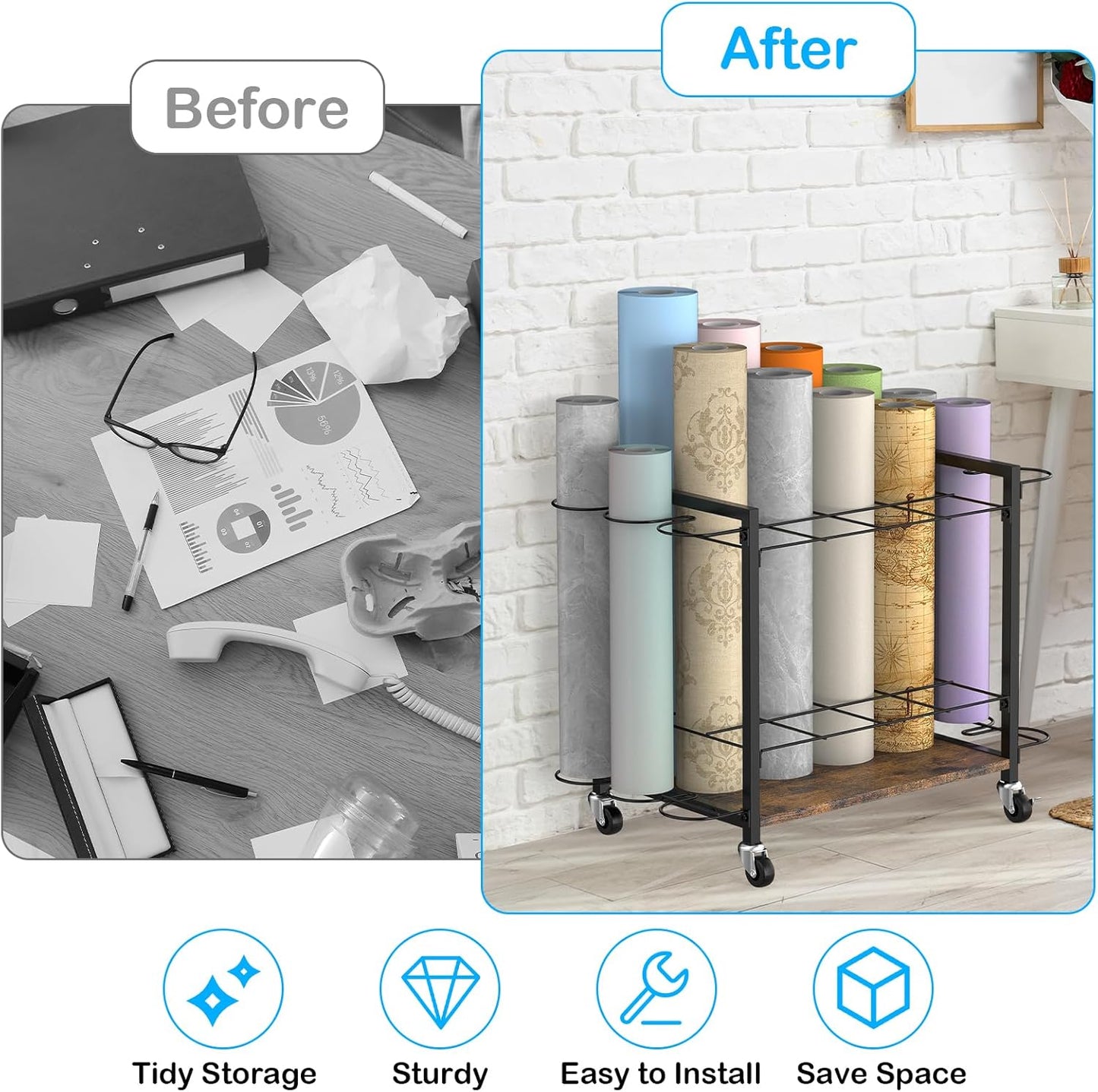 Blueprint Storage Rack Cart,18 Slots Blueprint Holder with Wheels,Used for Wrapping Paper Storage,Gift Wrapping Organizer Storage,Organizing Posters, Architectural Plans and Artwork Stably(Brown)