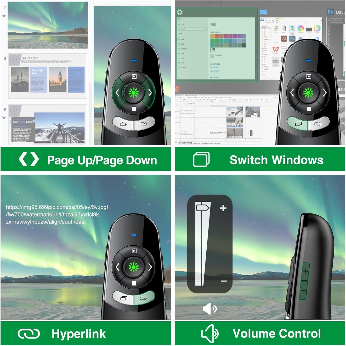 2 in 1 USB Type C Presentation Clicker with Green Laser Pointer, Wireless Presenter for PowerPoint Presentation PPT Clicker, 2.4GHz Presenter Remote Slide Advancer for MacBook/Computer