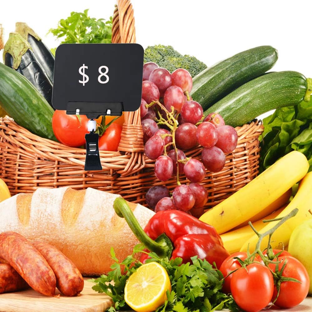 6 Pcs Plastic Chalkboard Sign with Clips, Rectangle Double Sided Blackboard Clips, Message Board Food Labels for Party Farm Restaurant - Easy to Write and Wipe Out - for Liquid Chalk Markers