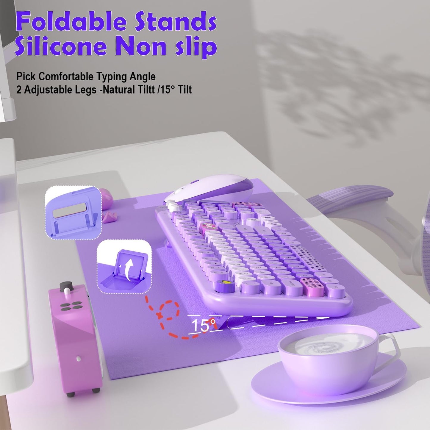 MOFII Keyboard and Mouse Wireless, 104 Round Keys Lovely Full-Size Cute Colorful Keyboard and Mouse with Retro Typewriter for PC/Mac/Laptop/Tablet/Computer/Windows Purple