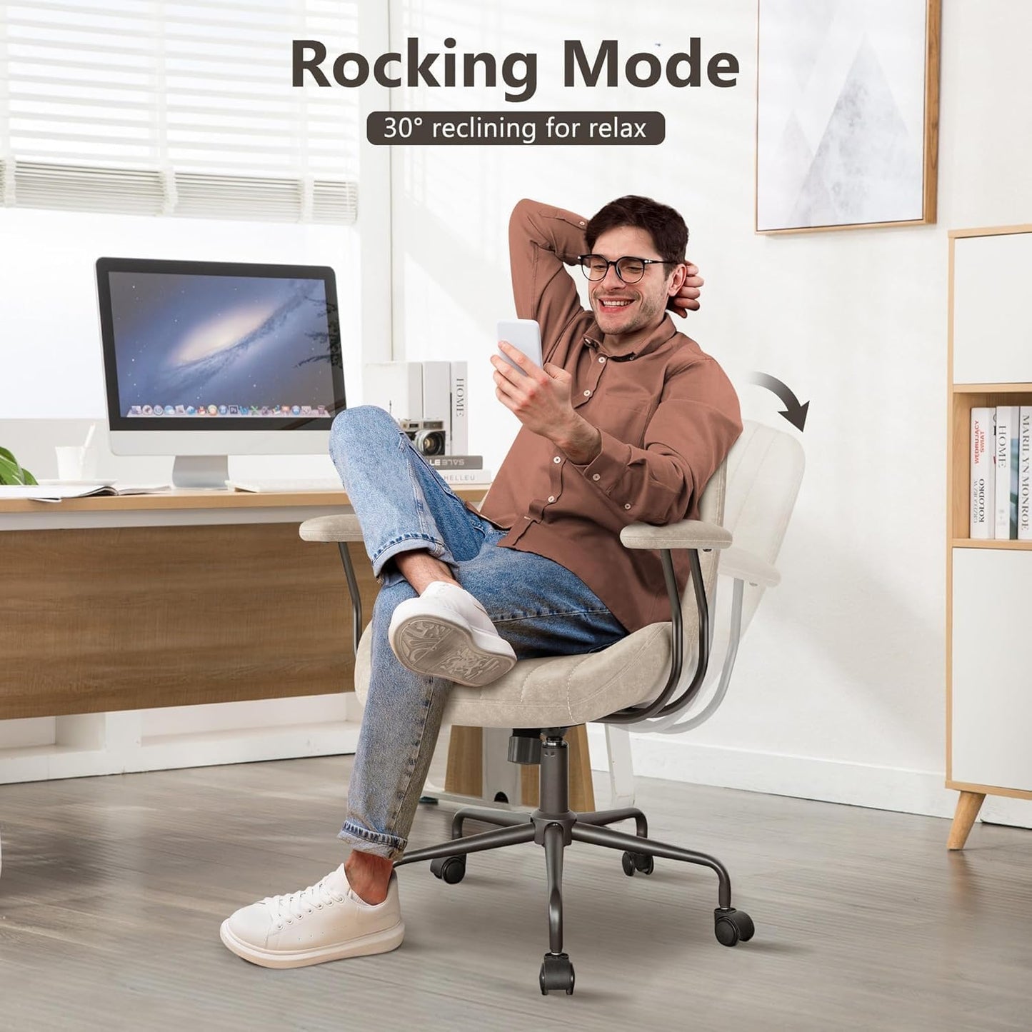 Mid Century Modren Office Chair - Swivel Executive Chair with Lumbar Support, Mid Back Ergonomic Computer Desk Chair with Wheels,Faux Lether Suede Task Chair,350lbs (Beige, Mid Back)