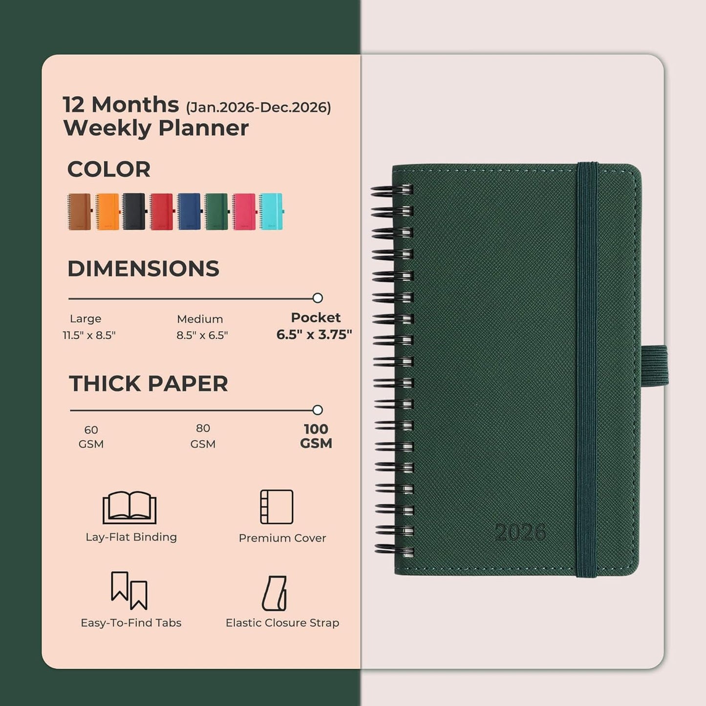 Planner 2026 Daily Weekly and Monthly,6.5"x3.75",12 Months Spiral Bound Calendar Agenda with Self-adhesive Pen Holder,2026 Appointment Book with Vegan Leather Soft Cover,Green