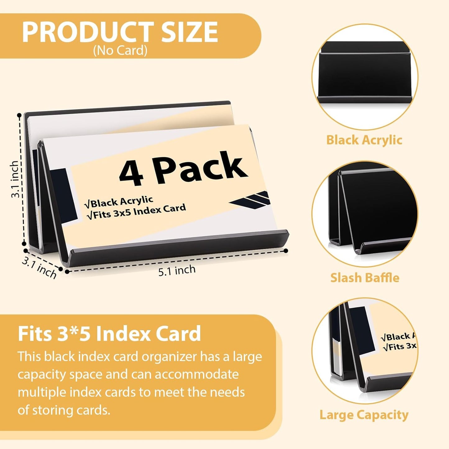 4 Pack 3x5 Index Card Display Holder Acrylic Cards Holder Stand Acrylic Business Card Holders Name Card Organizer Postcard Stand Display 200 Capacity for Studying Supplies No Card (Black, 4 Pack)