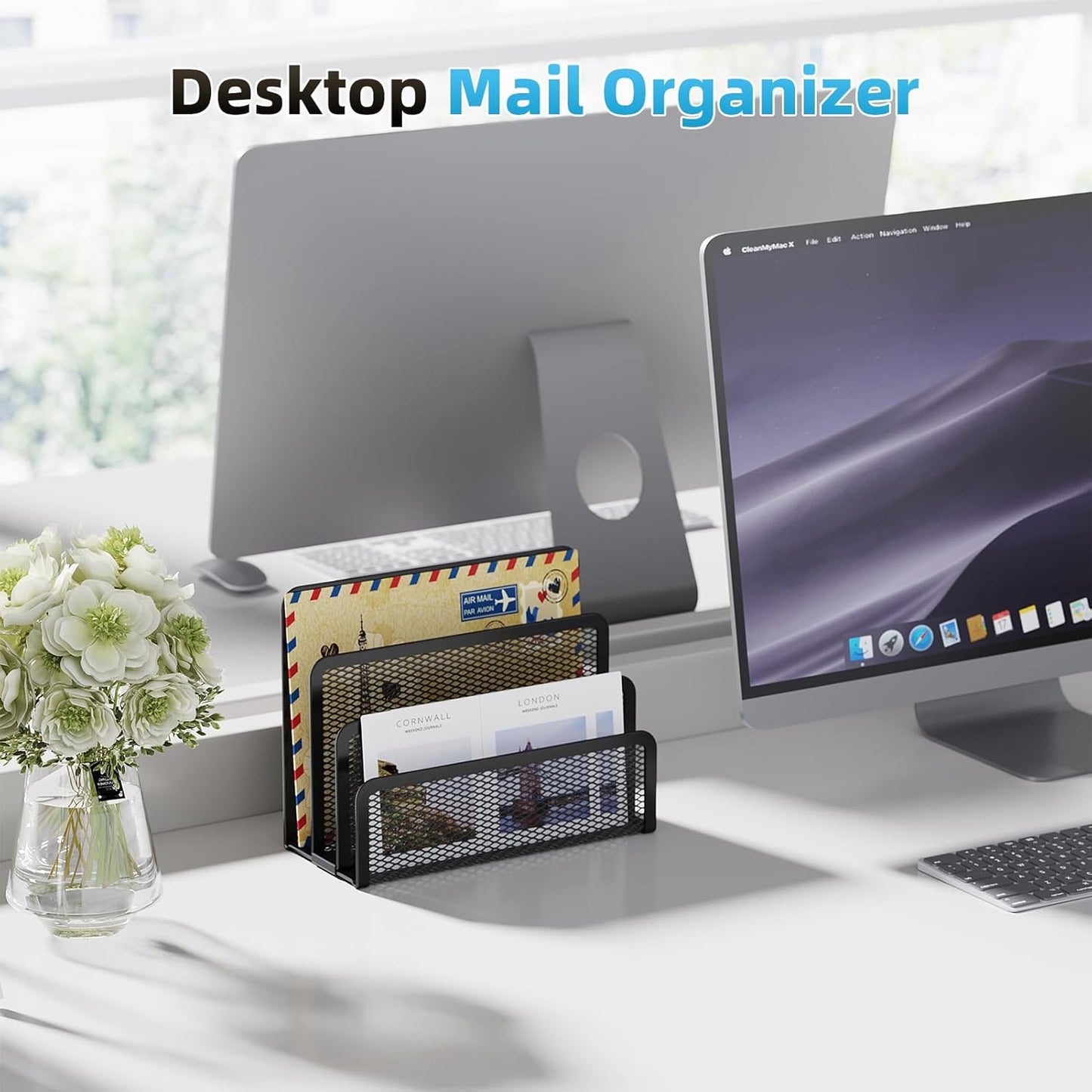 Marbrasse Mail Organizer for Desk, 3-Slot Mesh Metal Mail Holder countertop, Letter Holder, Office Desktop Envelope and Document Storage Rack (2P)