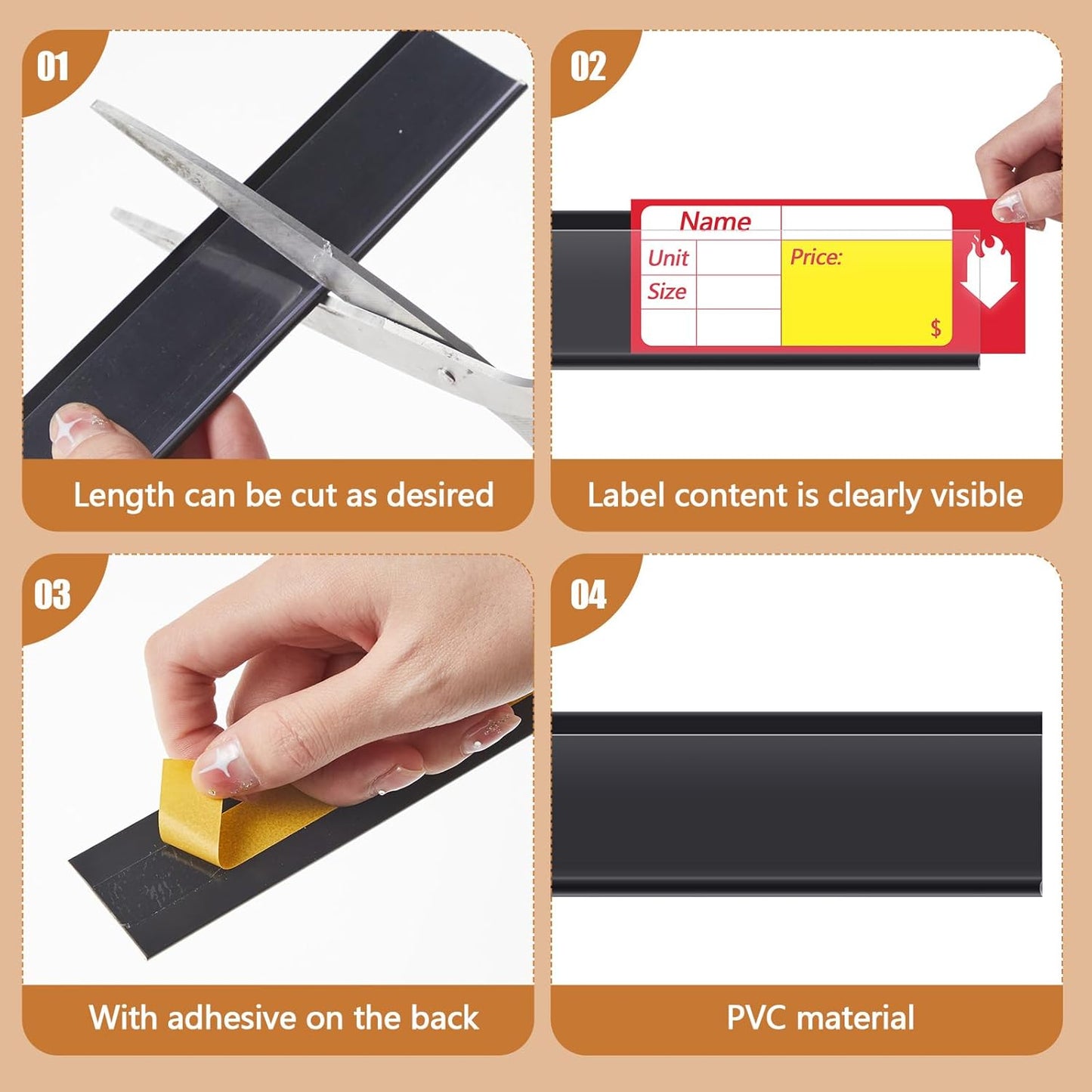 Spiareal 50 Pcs 47.8 x 1.38 Inch Shelf Label Strips Adhesive Back Stick on Data Price Tag Holder Clear PVC Adhesive Ticket Channel for Supermarkets Convenience Shops(Black)