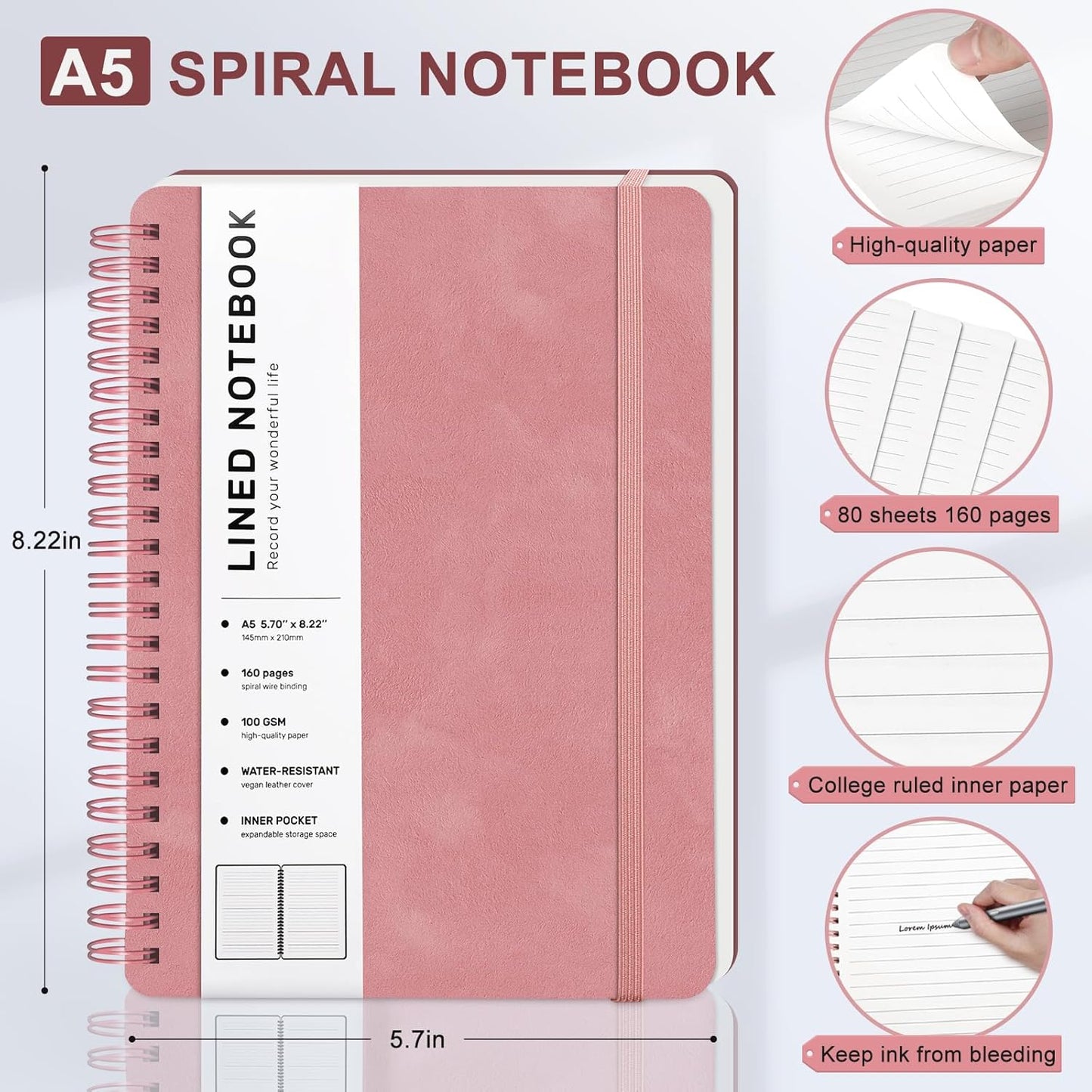 Lined Spiral Journal Notebook, A5 Hardcover Leather Notebook for Work, 5.7''×8.2'', 100GSM Thick Paper Spiral Bound Journaling Notebook for Women Men Office School Note Taking Business, Morandi Pink