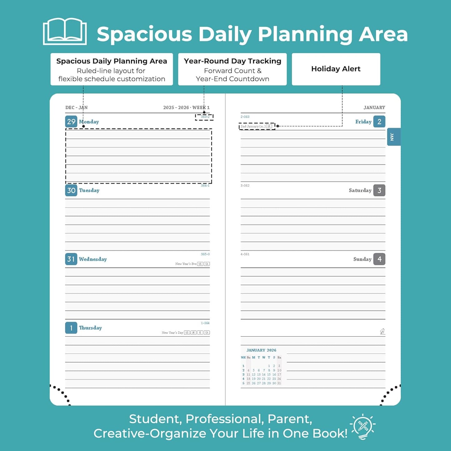 Planner 2026 Daily Weekly and Monthly,6.5"x3.75",12 Months Spiral Bound Calendar Agenda with Self-adhesive Pen Holder,2026 Appointment Book with Vegan Leather Soft Cover,Light Blue