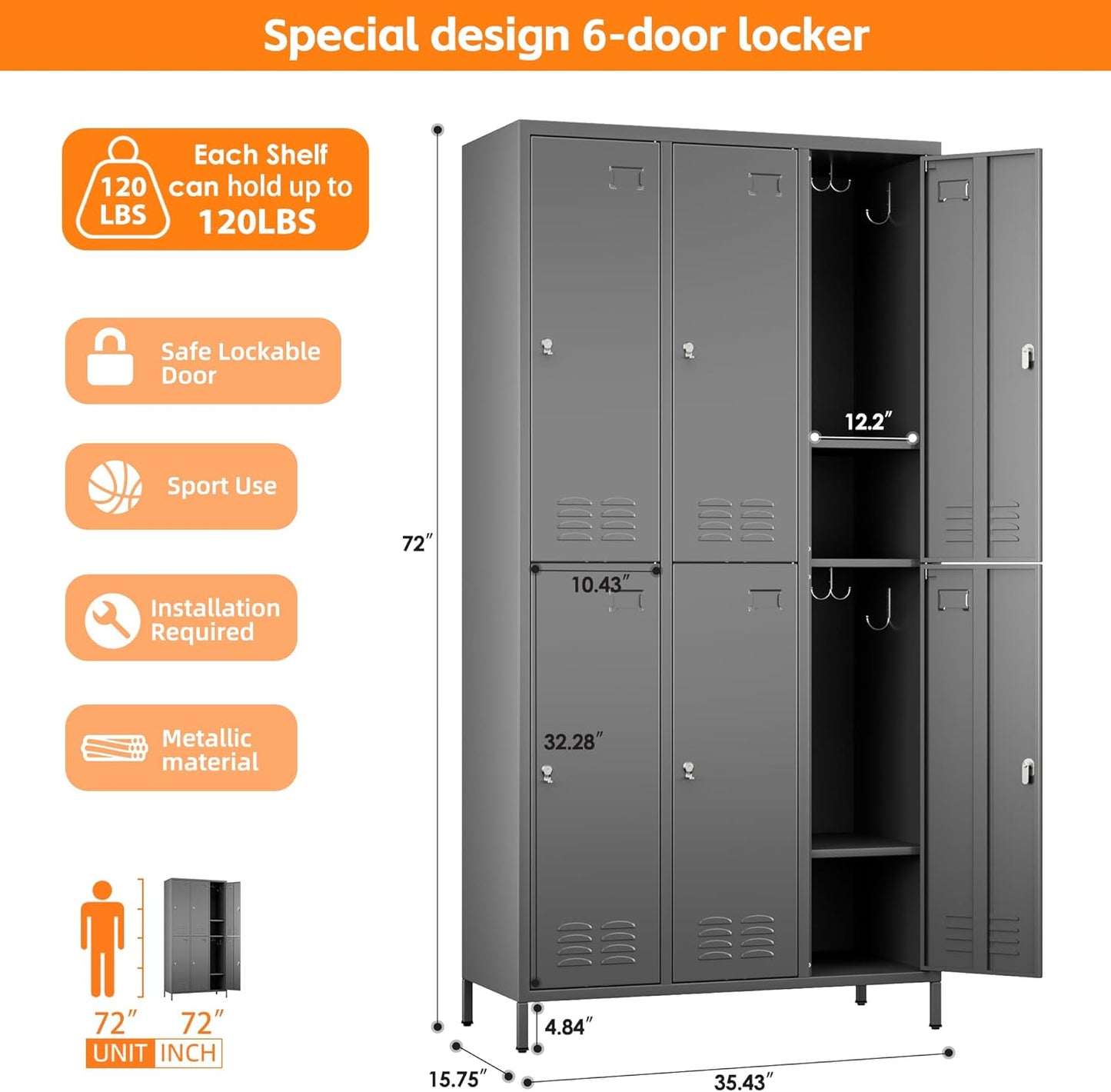 6 Doors Metal Lockers for Employees with 18 Hooks and Business Card Holder, Metal Locker with Ventilation Holes for School Garage Office Gym Home,Assembly Required,Dark Grey