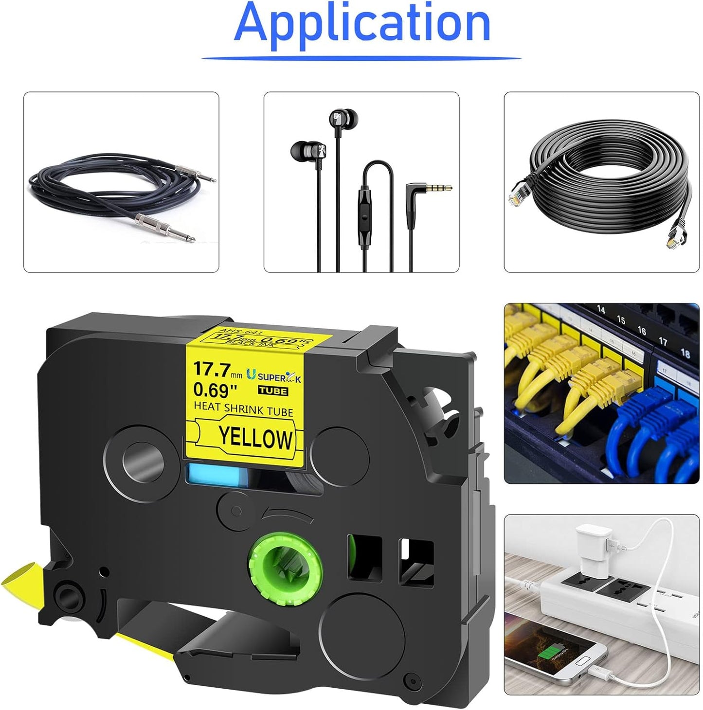 10PK Compatible for Ptouch HSe-641 HSe641 HS-641 HS641 Black on Yellow 17.7mm 0.69'' Heat Shrink Tubing for Wire Cable for PT9200dx PT9400 PT9500pc PT9600 Label Maker Tape