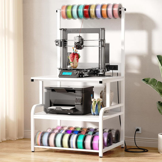 Homieasy Printer Stand with Charging Station, 29.1" x 22.8" Large 3D Printer Table with Filament Storage, Heavy Duty Rolling Printer Cart with 4-Tier Storage for Workshop/Office/Garage, White