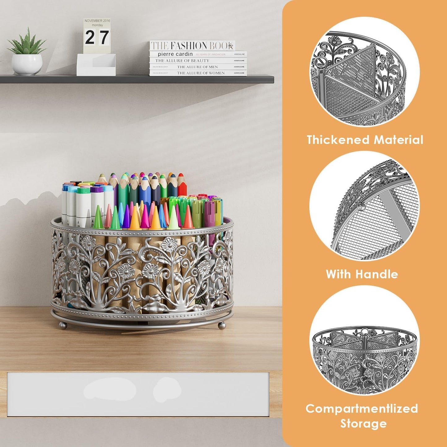 EKNITEY Pencil Pen Holder For Desk - Rotating Pencil Cup Organizer Cute Desktop Caddy with 4 Slots for Art Supplies School Home