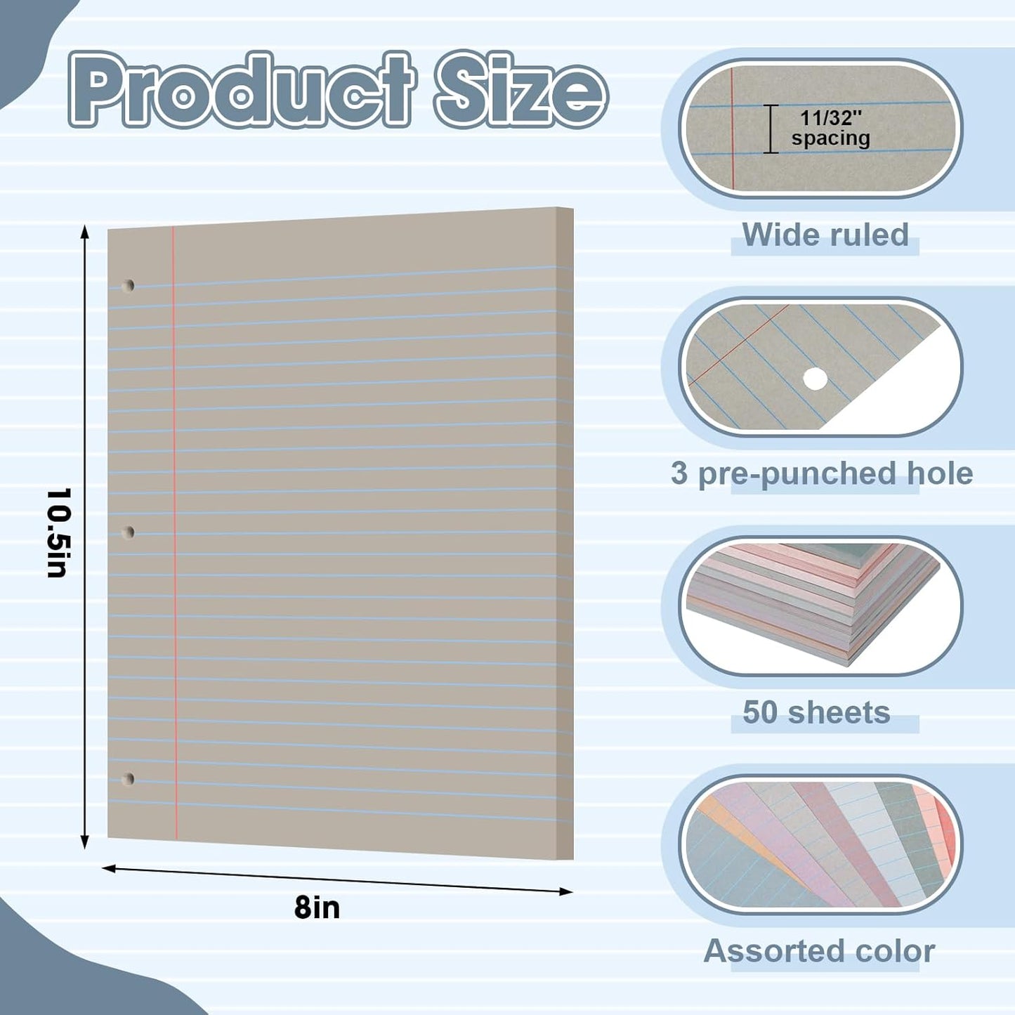 PerKoop 12 Pack 600 Sheets Colored Lined Paper Bulk Wide Ruled 8 x 10.5 Inches, Pastel Loose Leaf Notebook Paper 3 Hole Punched Filler for Back School Classroom Supplies(Retro Color)