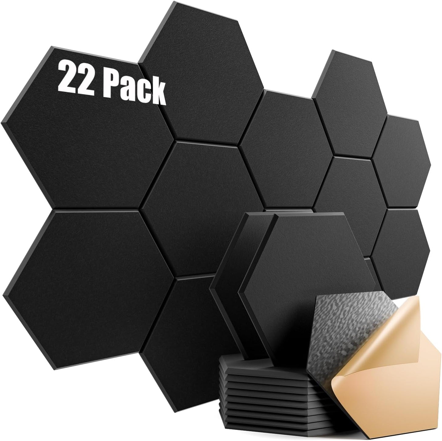 22 Pack Self-adhesive Acoustic Panels 12" X 10" X 0.4" - Sound Proof Foam Panels with High Density, Hexagonal Design, Flame Resistant, Absorb Noise and Eliminate Echoes(Black)