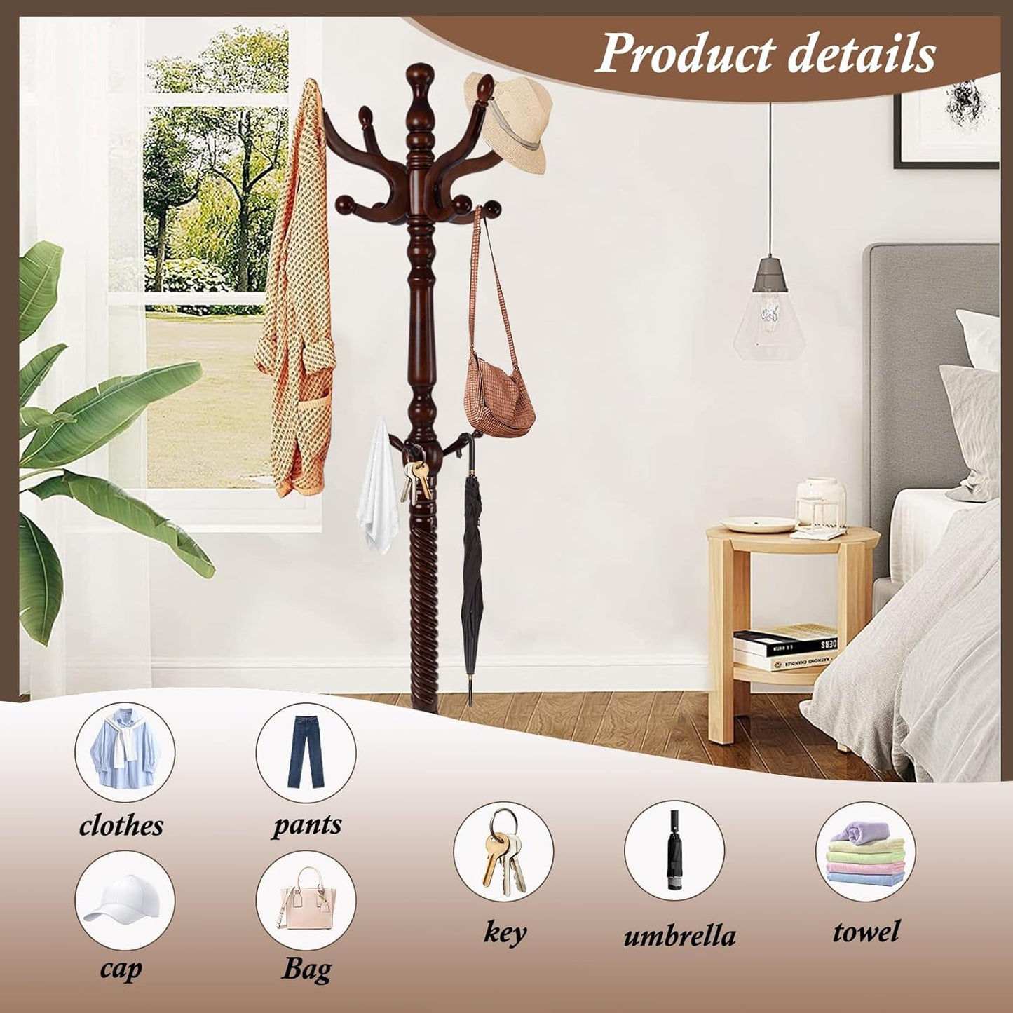 Wooden Coat Rack Freestanding, Vintage Coat Racks with Sturdy Round Base, Adjustable Height 37.40"-72.83" Entrance Coat Rack for Bedroom Living Room Entryway (Vintage Triangle)