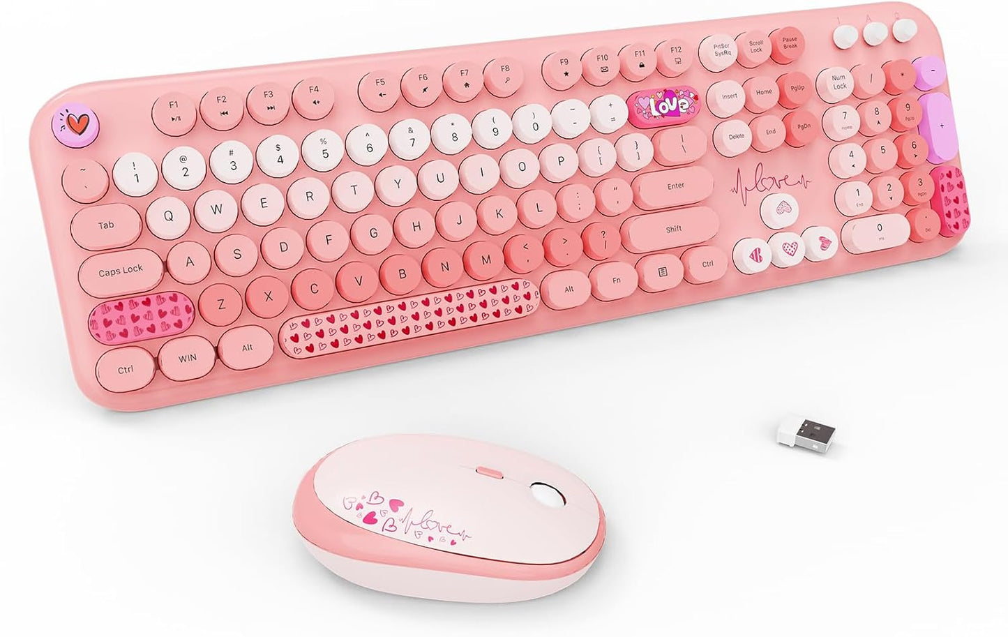 FOPETT Wireless Keyboard and Mouse Combo - 2.4G Full-Sized Cute Colorful Retro Keyboard with Round Keycaps 104 Keys Typewriter Keyboard for Laptop/Windows/PC-Pink Colorful