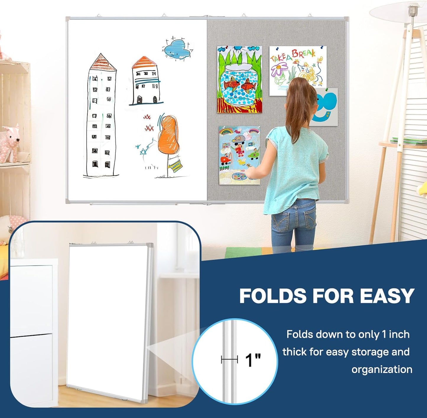 Large White Board Dry Erase Foldable Bulletin Board Combo, 48" x 36" Double Sided Dry Erase Board for Wall, Magnetic Whiteboard Bulletin Board with Linen for Office, Home, School, Kitchen -Gray
