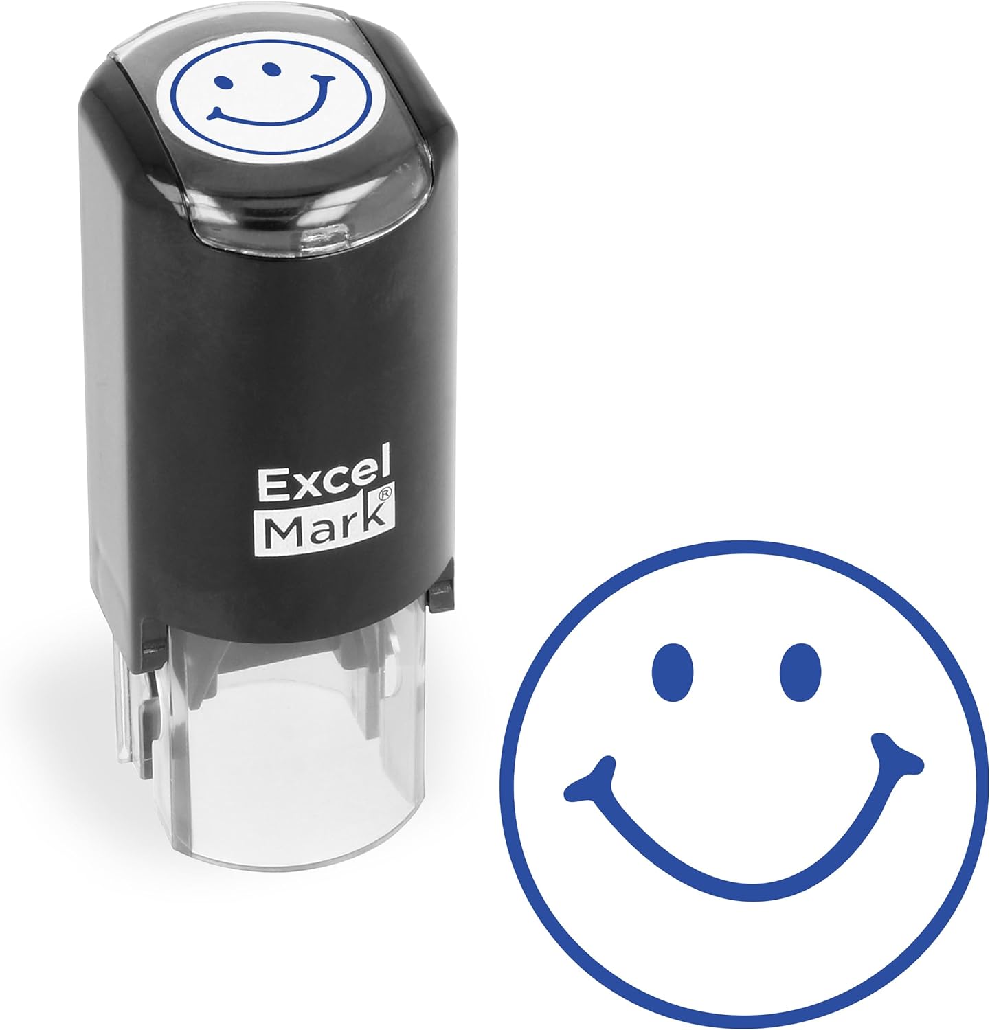 ExcelMark Round Teacher Stamp - Smiley FACE 1 - Blue Ink