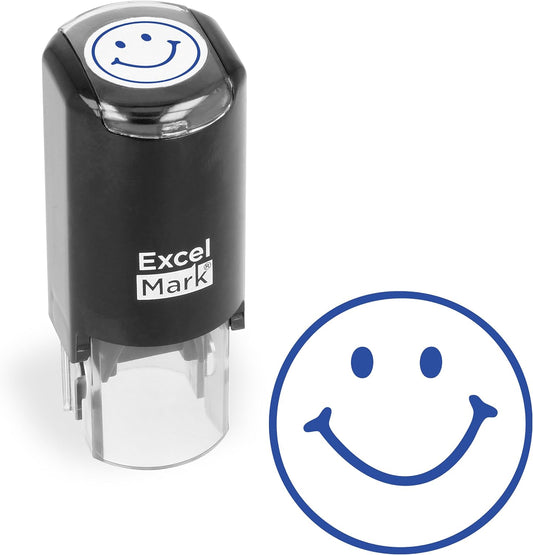 ExcelMark Round Teacher Stamp - Smiley FACE 1 - Blue Ink