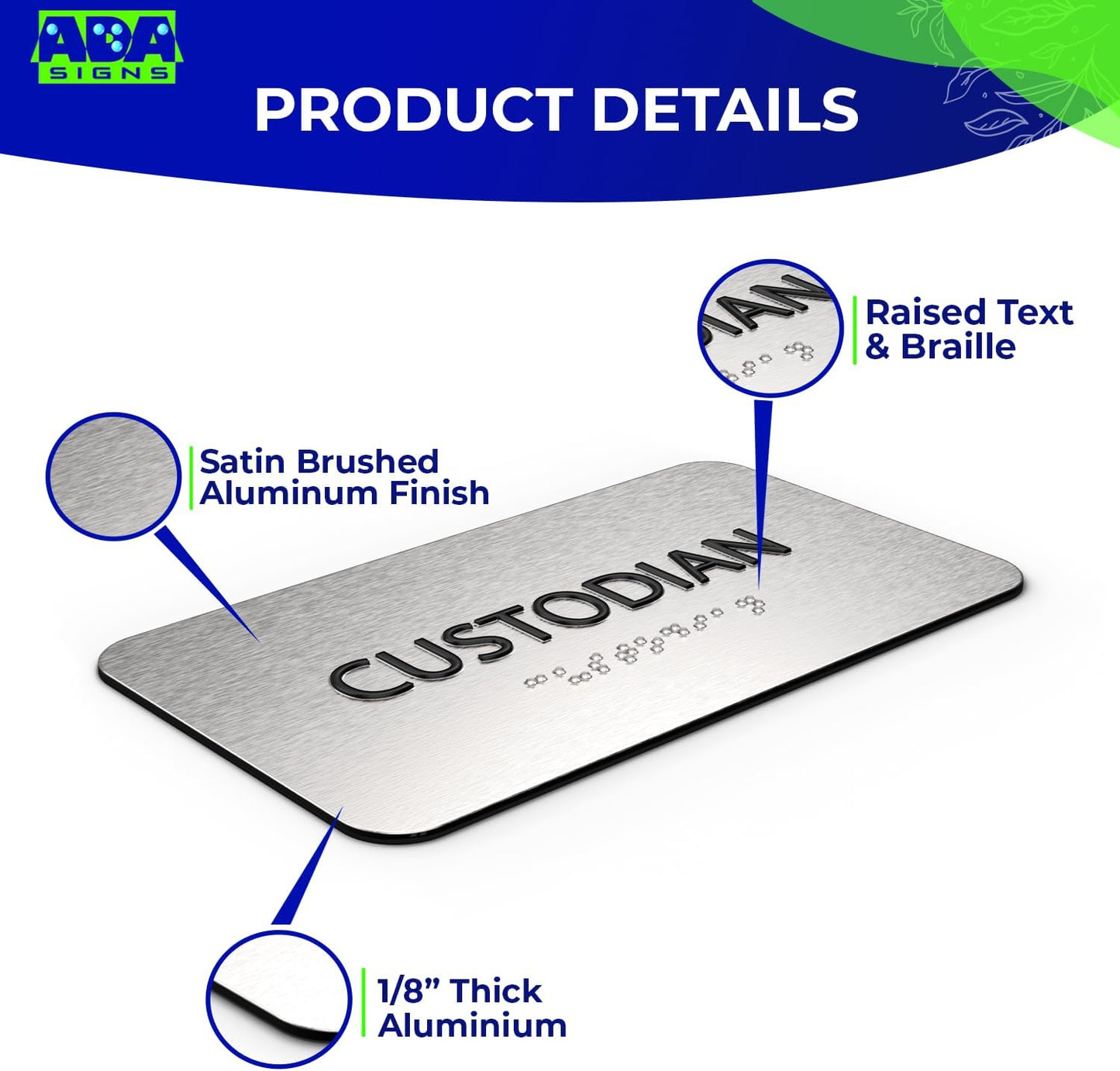 ADASigns Custodian Closet Sign 7" W x 4" H Durable Brushed Aluminum with Grade 2 Braille - Easy Installation with Adhesive Double Sided Tape - ADA Compliant Custodian Sign for Office & Businesses