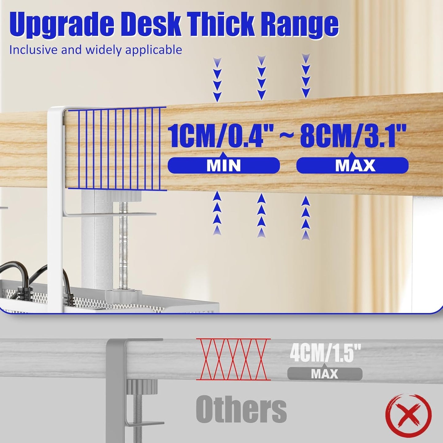 Under Desk Cable Management Tray, Metal Long Arms(3.9in), No Drill Mesh Wire Management Tray Cable Box for Office, Desk Wire Organizer with Clamp Mount, 1 Pack, White