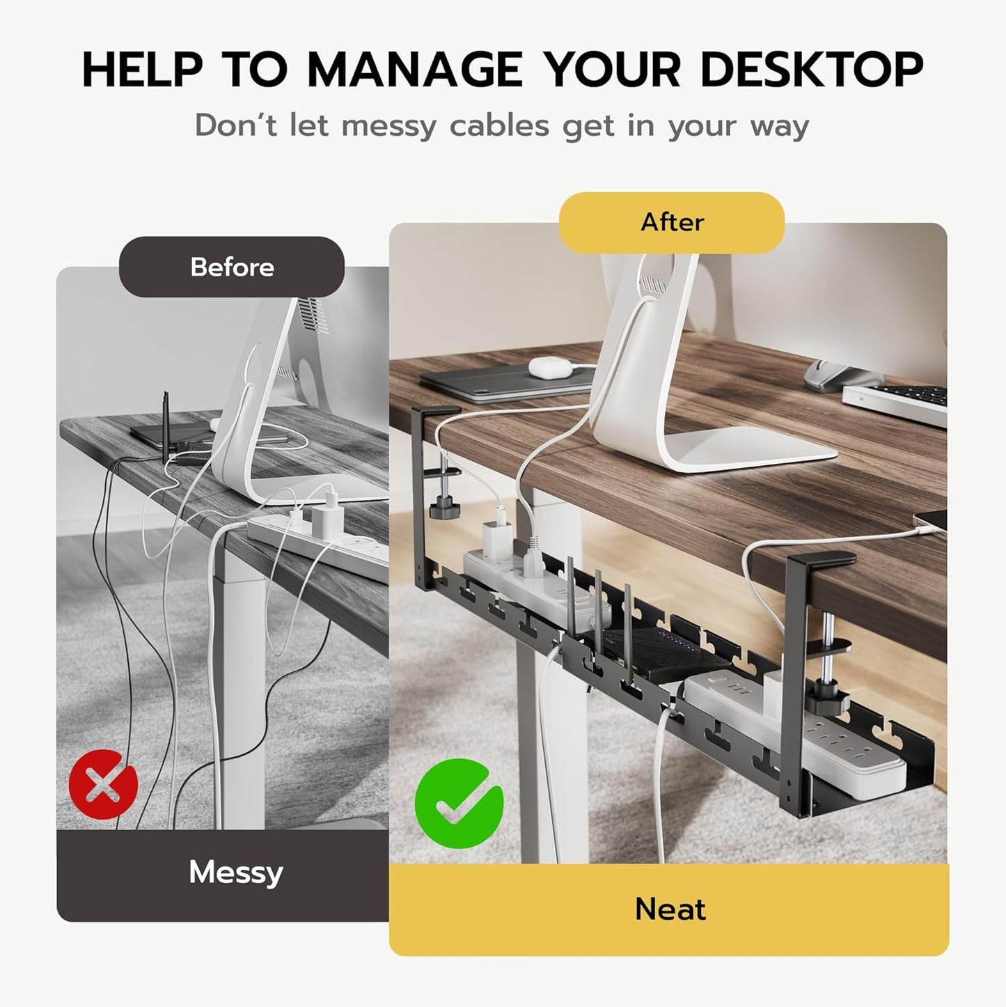 ARES WING 17"-28.7" Extendable Under Desk Cable Management Tray with Cable Slots, Clamp On Cord Organizer Holds Up to 11 lbs, Black Metal Under Desk Storage for Office and Gaming Accessories