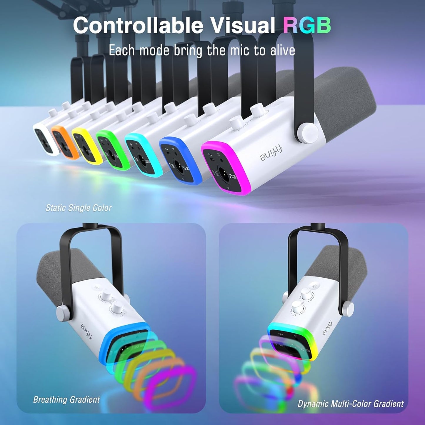 FIFINE Gaming XLR/USB Microphone Kit, Streaming Dynamic Mic Set for PC, Computer Mic for Vocal Podcast Recording Voiceover, with Headphones Jack, Gain Knob, Arm Stand-AmpliGame AM8T White