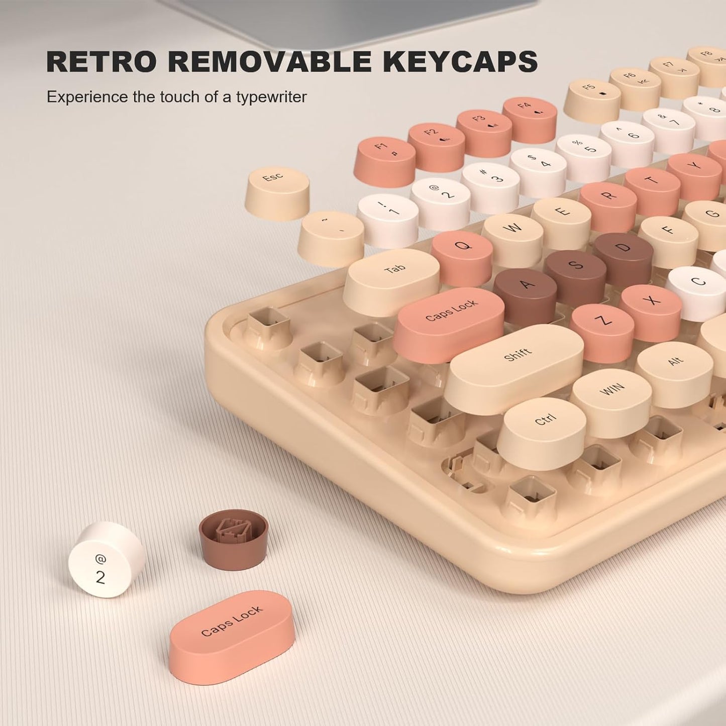 MOFII Wired Keyboard, Full Size USB Keyboard Plug Play, Colorful Retro Round Typewriter Keyboard with Foldable Stands for Windows PC Laptop (Milk Tea Colorful)