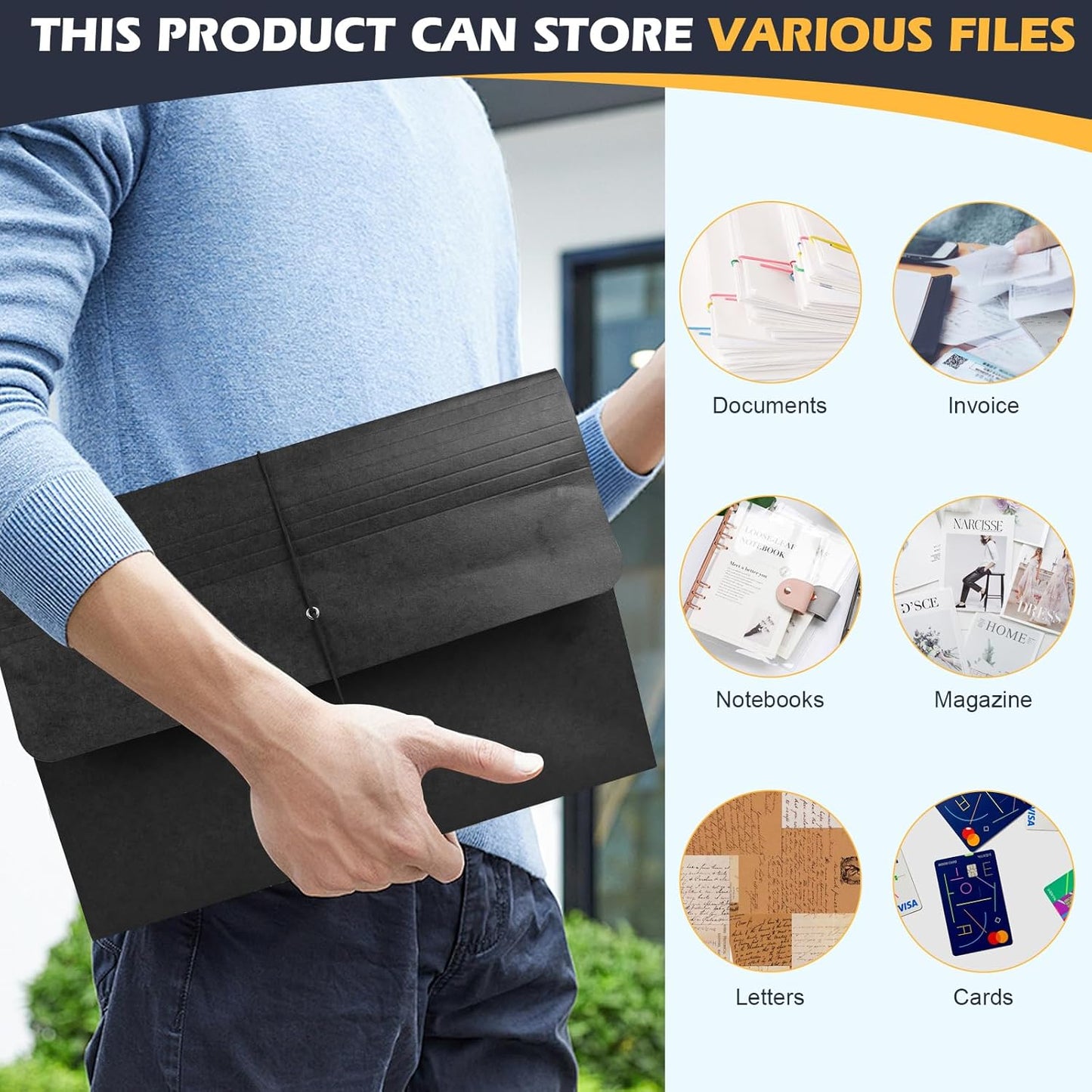 Expanding Accordion File Folder with Flap and Elastic Cord Closure Letter Size Accordion File Wallet Expanding Pocket Folders Document Organizer,4 inch Expansion,6 Pack,Black