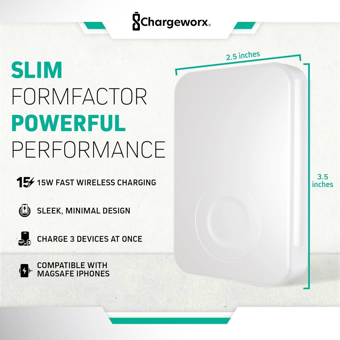 CHARGEWORX 3-in-1 Wireless Charger, Foldable Magnetic Charging Station with 15-Watt Fast Charging, Compatible with iPhone, Samsung, and Other Phones, Smartwatches, and Headphones, White