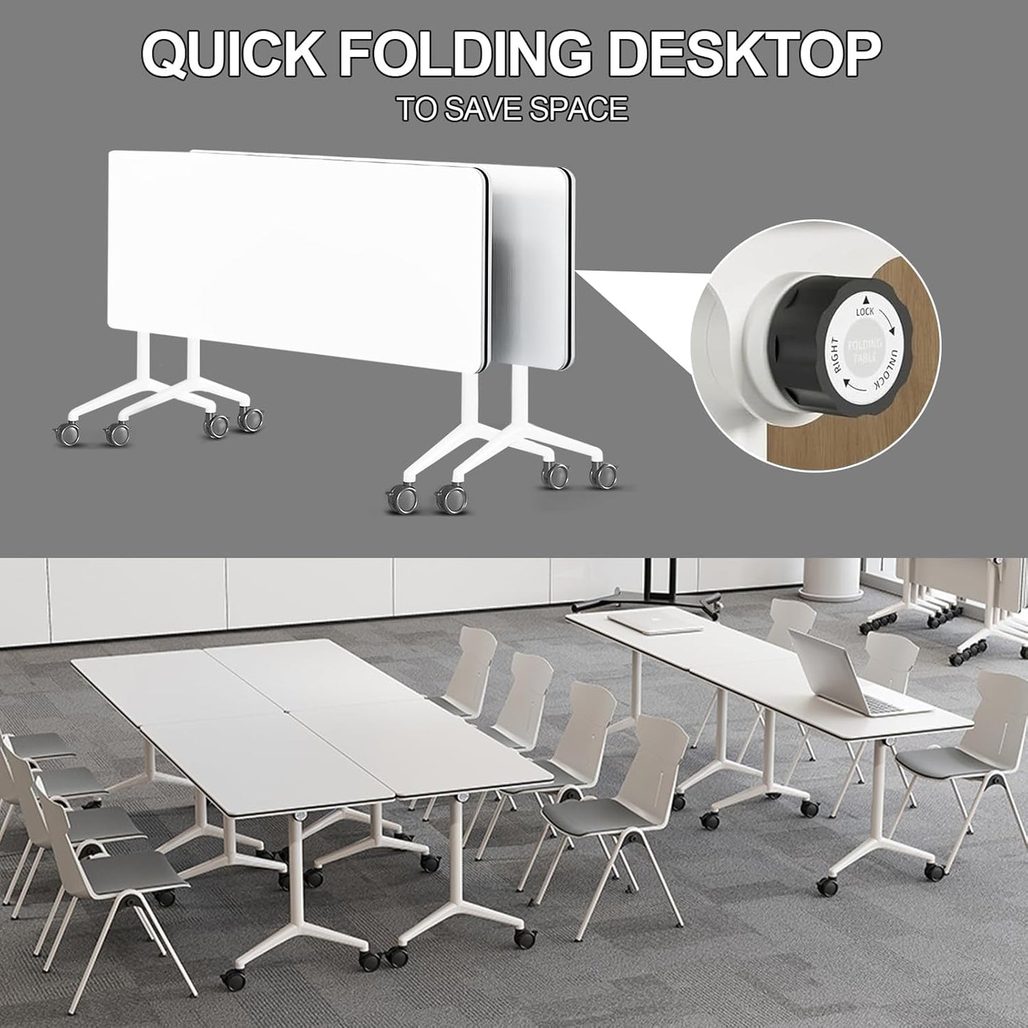 Folding Conference Room Tables 6 Pack, Foldable Modern Mobile Meeting Table Desk Training Table 6FT Large Rolling OfficeTable for Conference Training Classroom (2, 70.8" * 23.6" * 29.5")