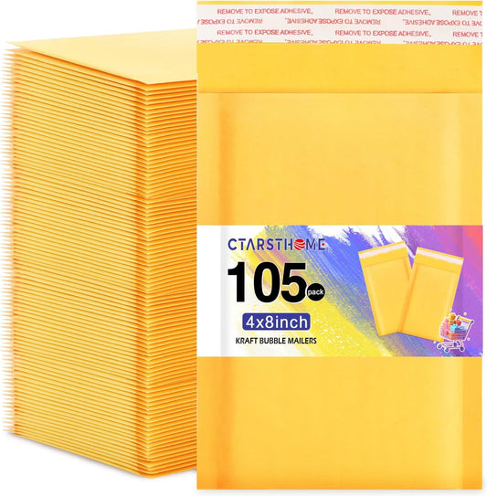 105Pack Yellow 4x8inch Kraft Bubble Mailers Small Business Mailing Packages Self-Sealing Paper Envelopes, Mailer Shipping Padded Envelopes with Strong Adhesion for Jewelry Makeup Supplies