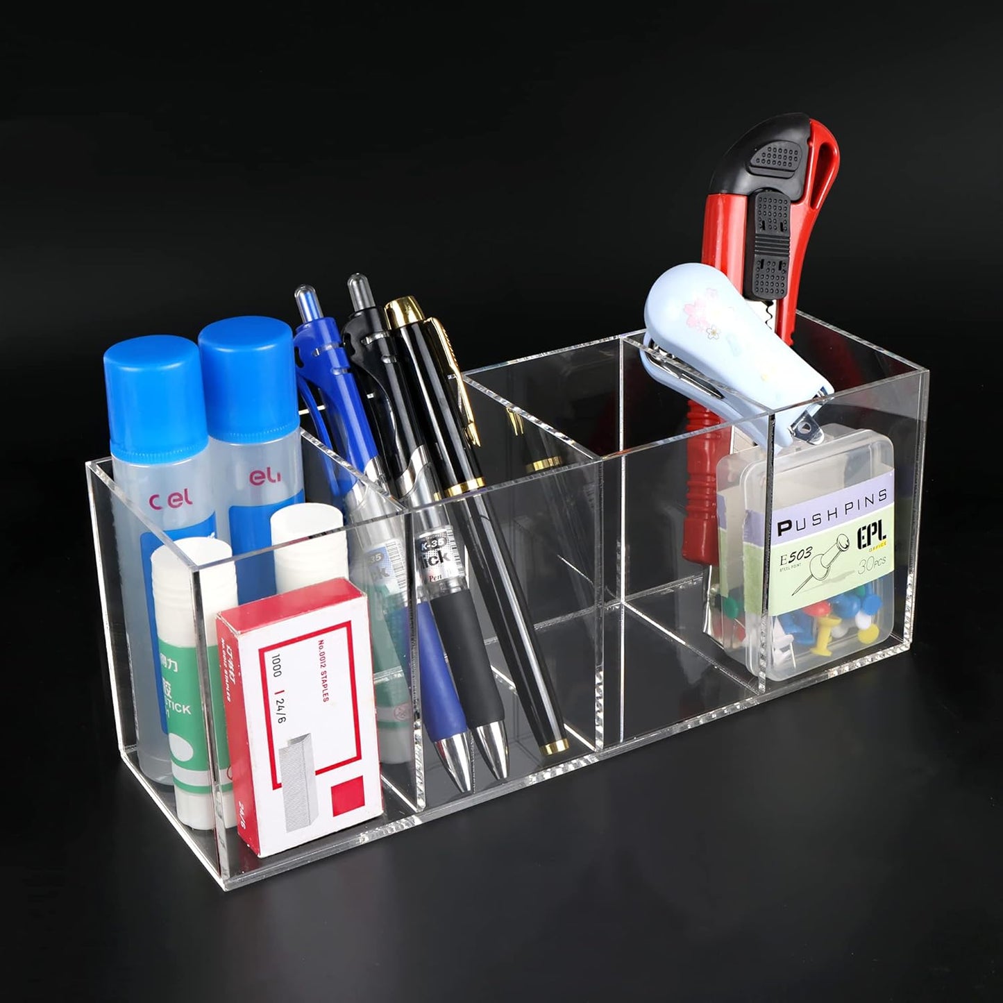 Clear Acrylic Pen Holder Handmade, 4 Slot Pencil Organizer Countertop, Pencil Stationery Organizer for Office Accessory, Makeup Cosmetic Brushes Storage, Clear Vanity Organizer for Bathroom (Clear)