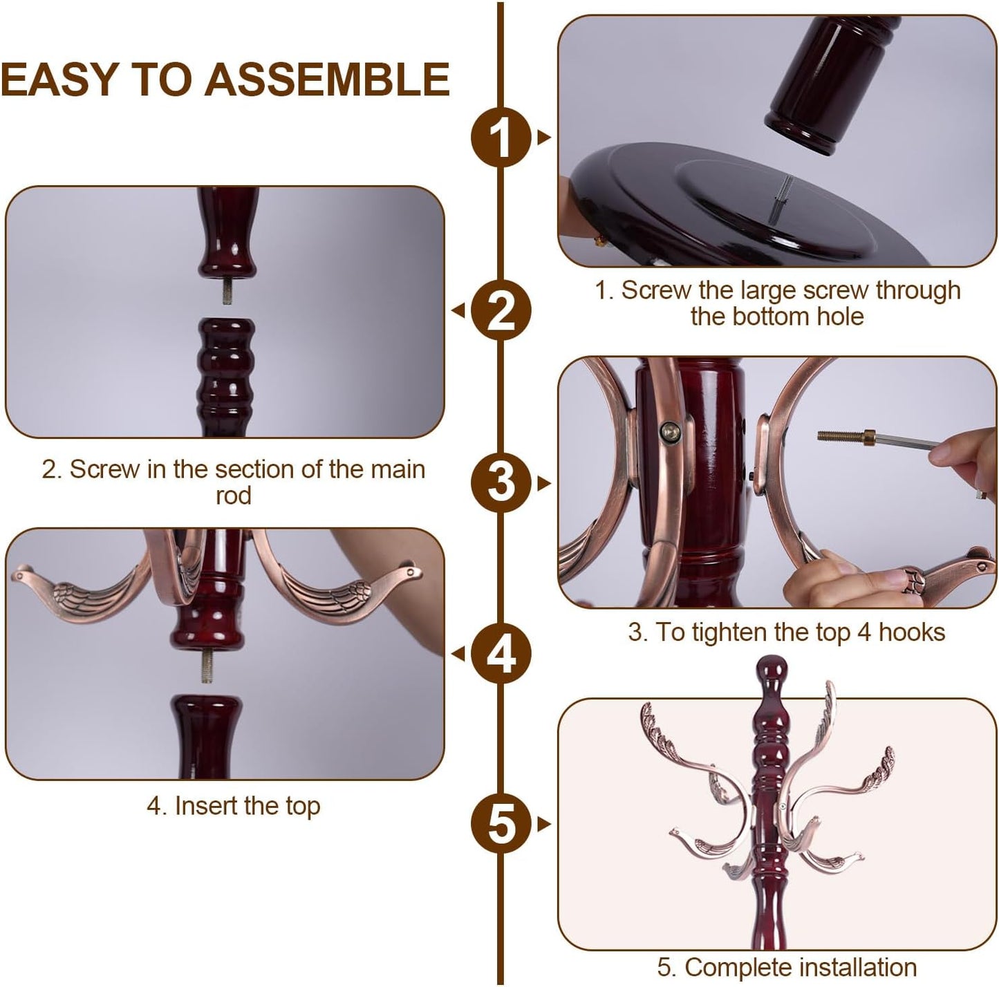 Vintage Wooden Coat Rack Free Standing,14 Hooks, 3-Level Adjustable Height, 73-Inch Retro Coat Rack Stand, Suitable for Entryway, Living Room, Office and Bedroom (Mahogany) (Metal, 1 PCS)