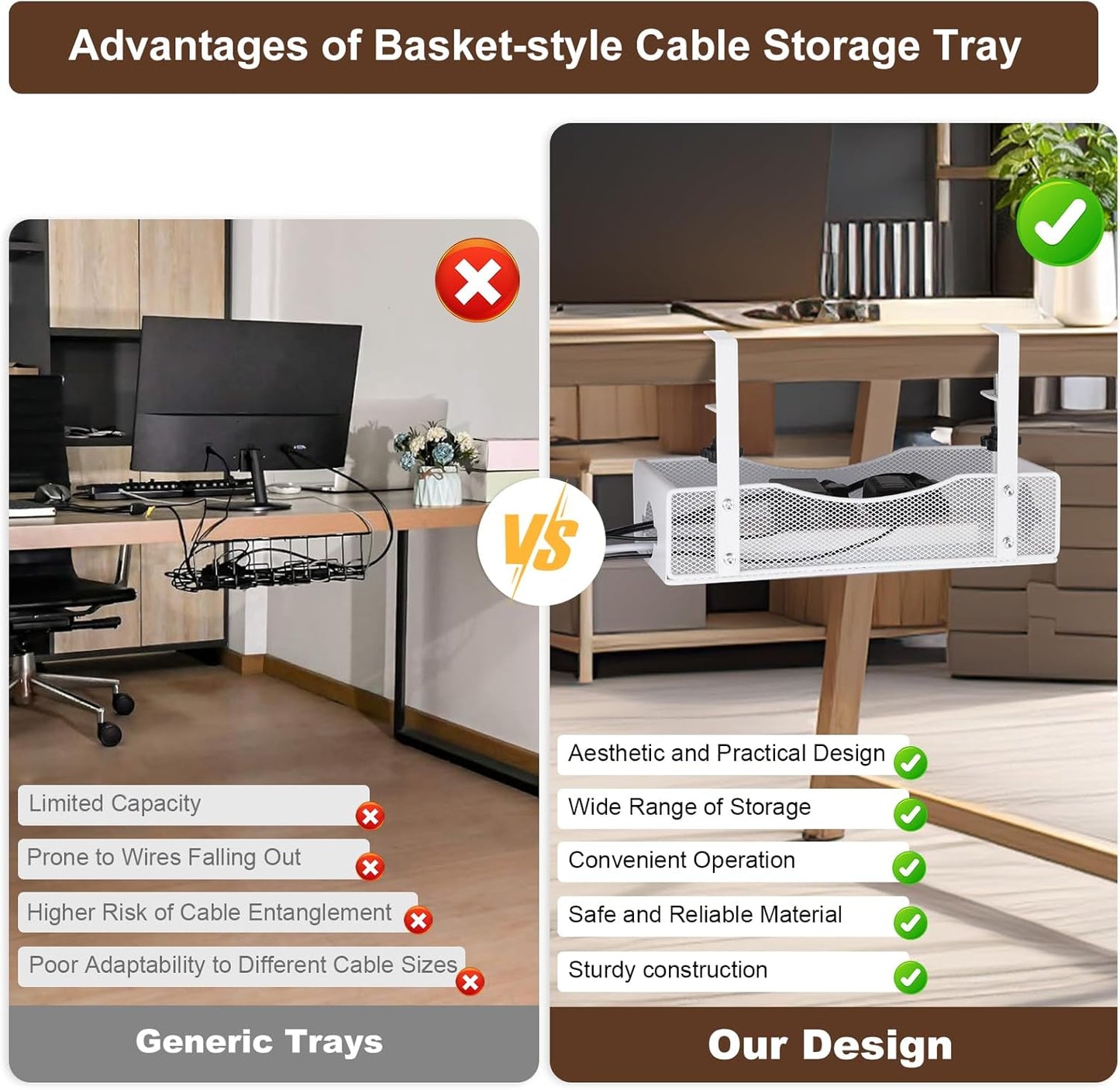 Extra Wide Under Desk Cable Management - No Drill Installation Cable Management Tray, Modern Cord Organizer for Office/Home Desk, Fits Power Strips & Wires