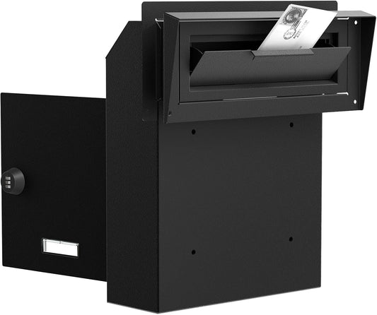 Rainproof Through The Door Key Drop Box, Galvanized Steel Heavy Duty Mailbox Safe Deposit Box, Locked Mail Drop Box with Combination Lock for Key and Payment, Black Mailbox