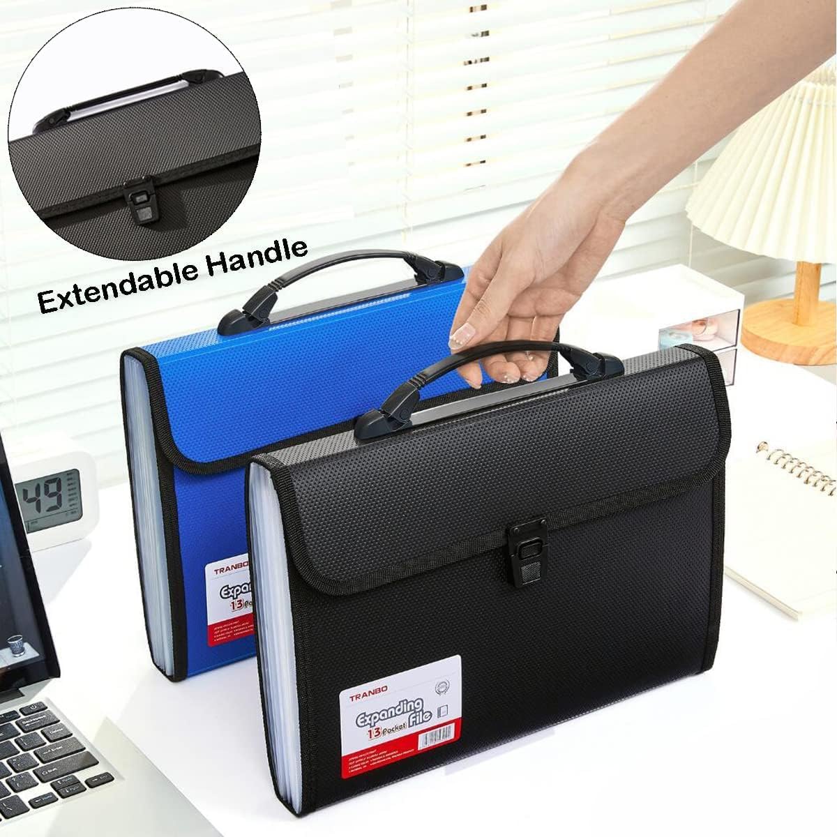 Extra Large Legal Size/Foolscap 12 Pockets Accordion File Organizer with Handle, TRANBO Portable Expanding File Folder, Expandable Plastic Document Organizer for Travel School Office - Black