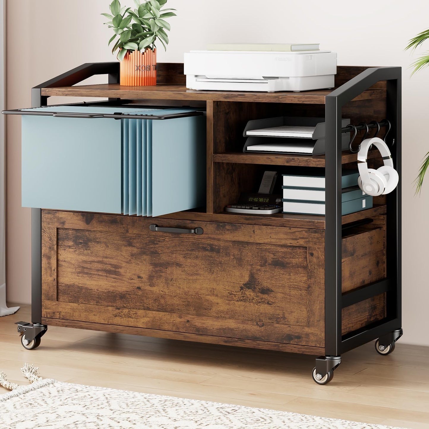 HSH Mobile Lateral File Cabinet with Drawer, Rolling Filing Cabinet with Storage Shelves & Hanging File Folders, Wooden Metal Printer Stand Fits A4 Letter Legal Size for Home Office, Rustic Brown,33In