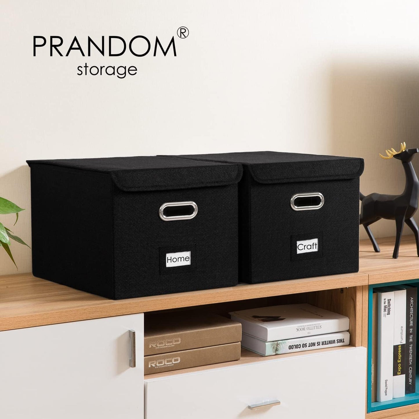PRANDOM File Organizer Box - Set of 1 Collapsible Decorative Linen Filing Storage Hanging File Folders with Lids Office Cabinet Letter Size Black (15x12.2x10.75 inch)