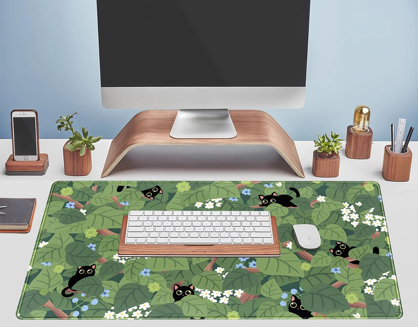 Kawaii Anime Aesthetic Black Cat Forest Plant Desk Mat, Green Sage XXL Large Extended Mouse Pad Gaming Cute Cats Desk pad, Laptop Keyboard and Mouse Mat for Women Desktop Office Decor 31.5x15.7 in
