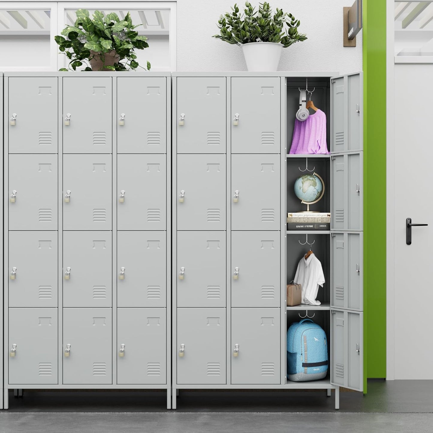 Metal Lockers for Employees with 12 Door & Hooks,Metal Storage Locker with Lock and Card Slot for School Office Garage Gym Bedroom Home,Assembly Required,12 Doors Light Grey
