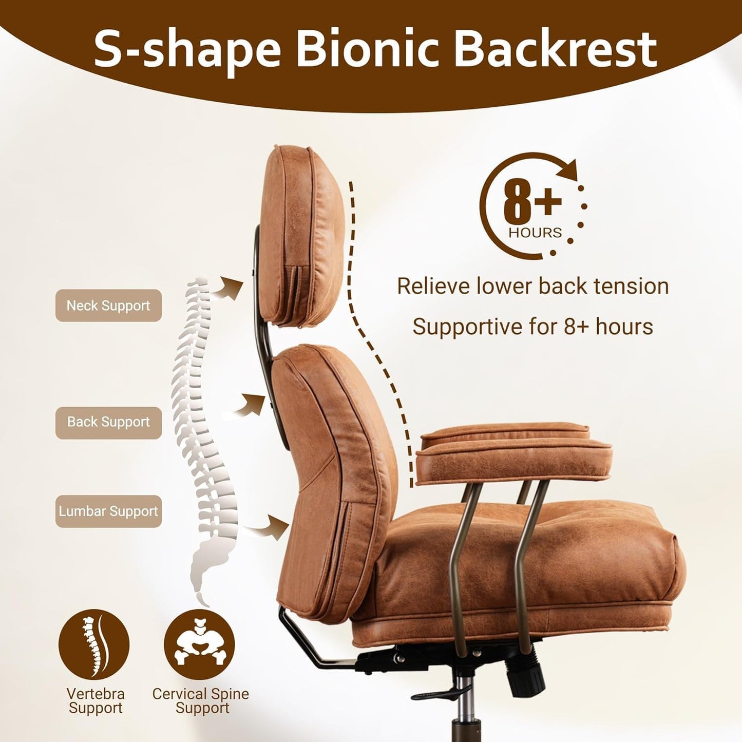 Faux Leather Executive Office Chair - Big and Tall Ergonomic Home Office Chair,Reclining Computer Desk Chairs with Lumbar Support,Adjustable Swivel Rolling PC Chairs with Wheels,Suede,Brown