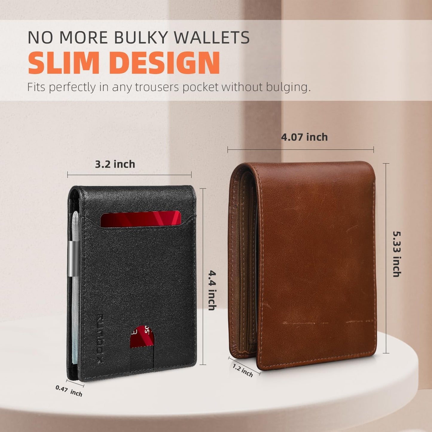 RUNBOX Slim Wallets for Men - Leather Money Clip Mens Wallet - RFID Blocking Front Pocket Bifold Wallet - Thin Credit Card Holder with Gift Box