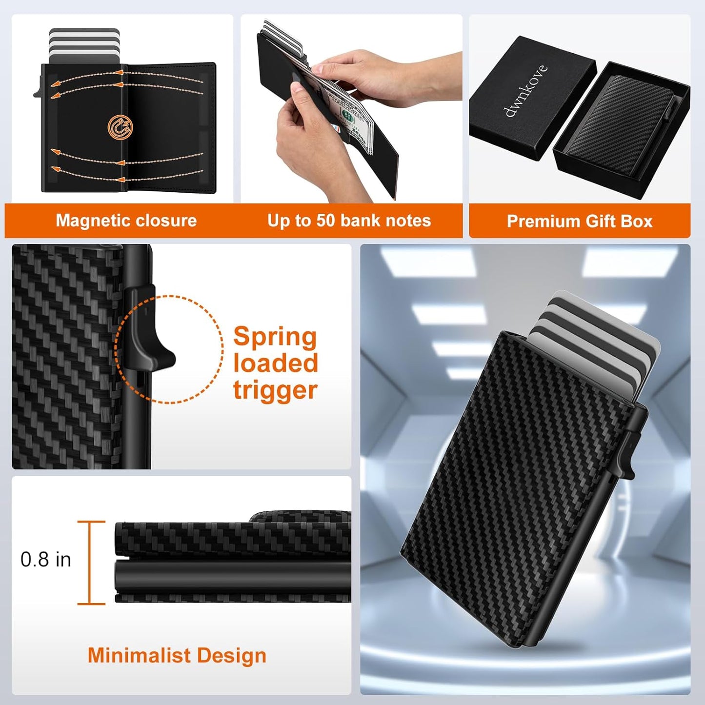 Mens Wallet Card Holder - Pop Up Aluminum Case, Flexible Carbon Fiber Leather, Smart Wallet for Men, RFID Blocking, Slim, Minimalist, Front Pocket - 9-14 Card Capacity | ID Window | Cash Slot