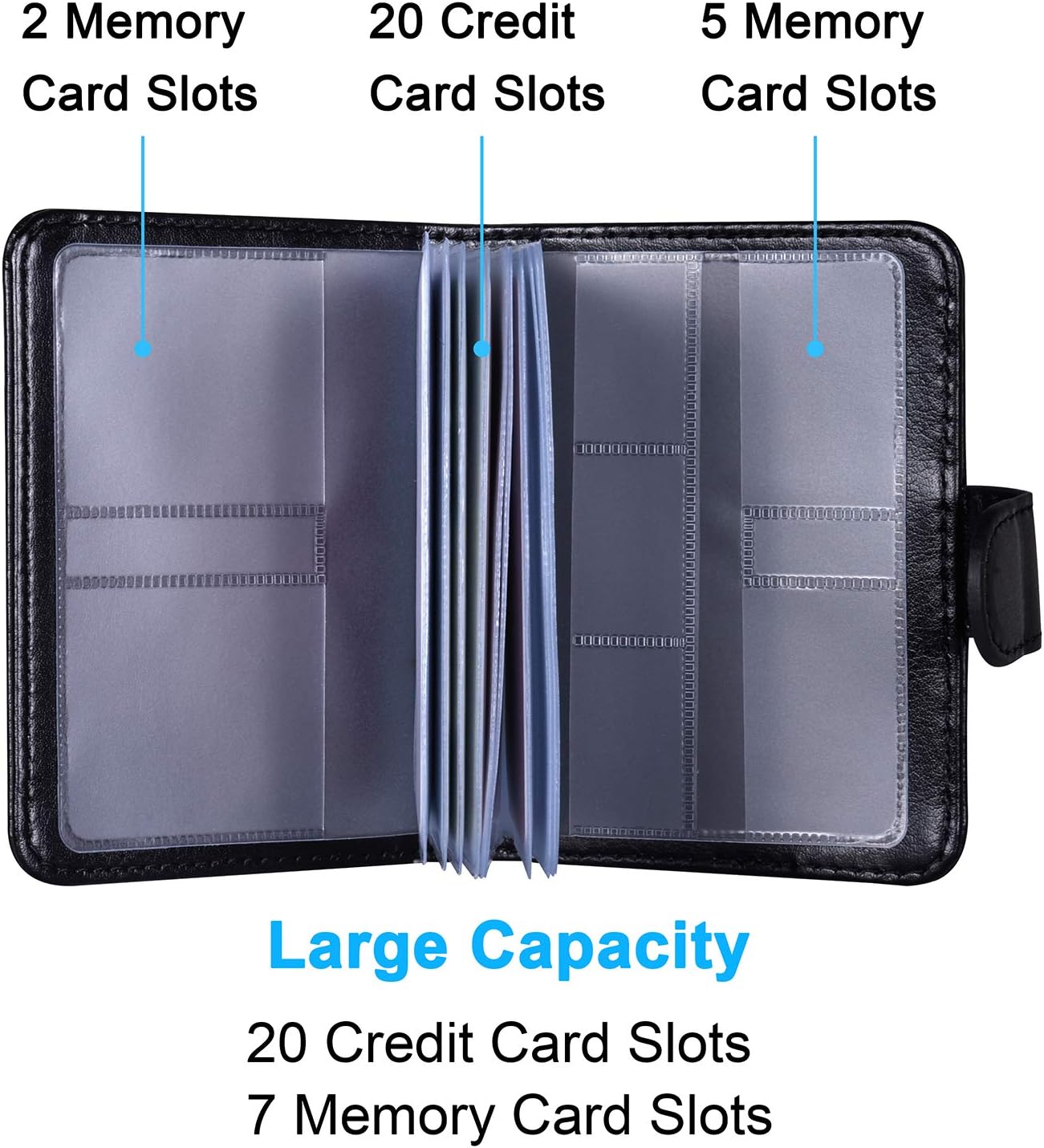 Wisdompro Credit Card Holder, Slim Leather RFID Blocking Wallet Debit Card Protector Organizer Case (Build in 20 Card Slot & 7 Small Cells for Memory Cards)-Vertical Black